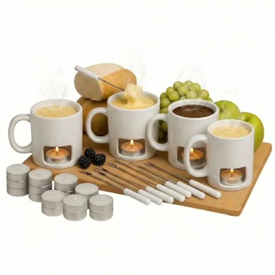 

Набор для фондю Evelots: мини-керамические кружки для шоколада, сыра и конфет, подарочный набор с 8 вилками и 16 свечами, идеально подходит для