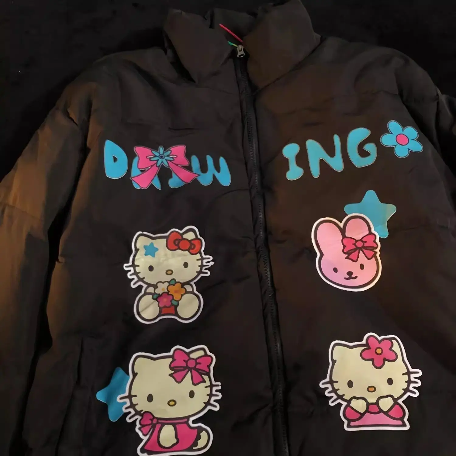 Sanrio Hello Kitty Cute Cartoon Cotton Jacket Women American Style Printed Couple Cotton Coat Trendy Loose Versatile Zipper Coat