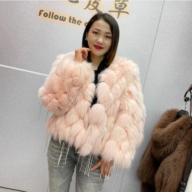Women's Autumn Winter Top Coat Jacket Faux Fur Fringe Bright Silk Thicken Warm Casual Design Fashion New Niche Versatile Skinny