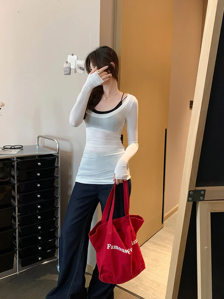 Casual solid color T-shirt round neck long sleeved slim fit top for spring and summer semi transparent tops
