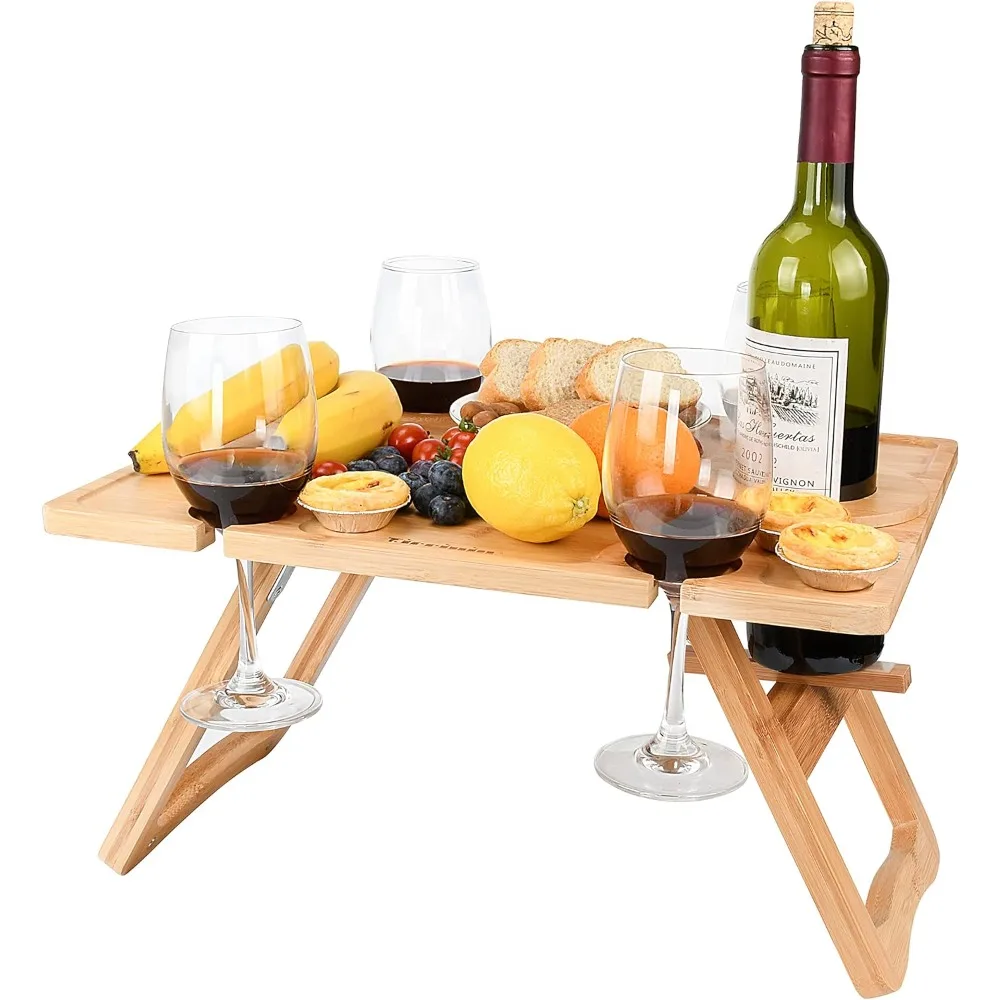 

Tirrinia Bamboo Wine Picnic Table, Ideal Wine Lover Gift, Large Folding Portable Outdoor Snack & Cheese Tray for Concerts