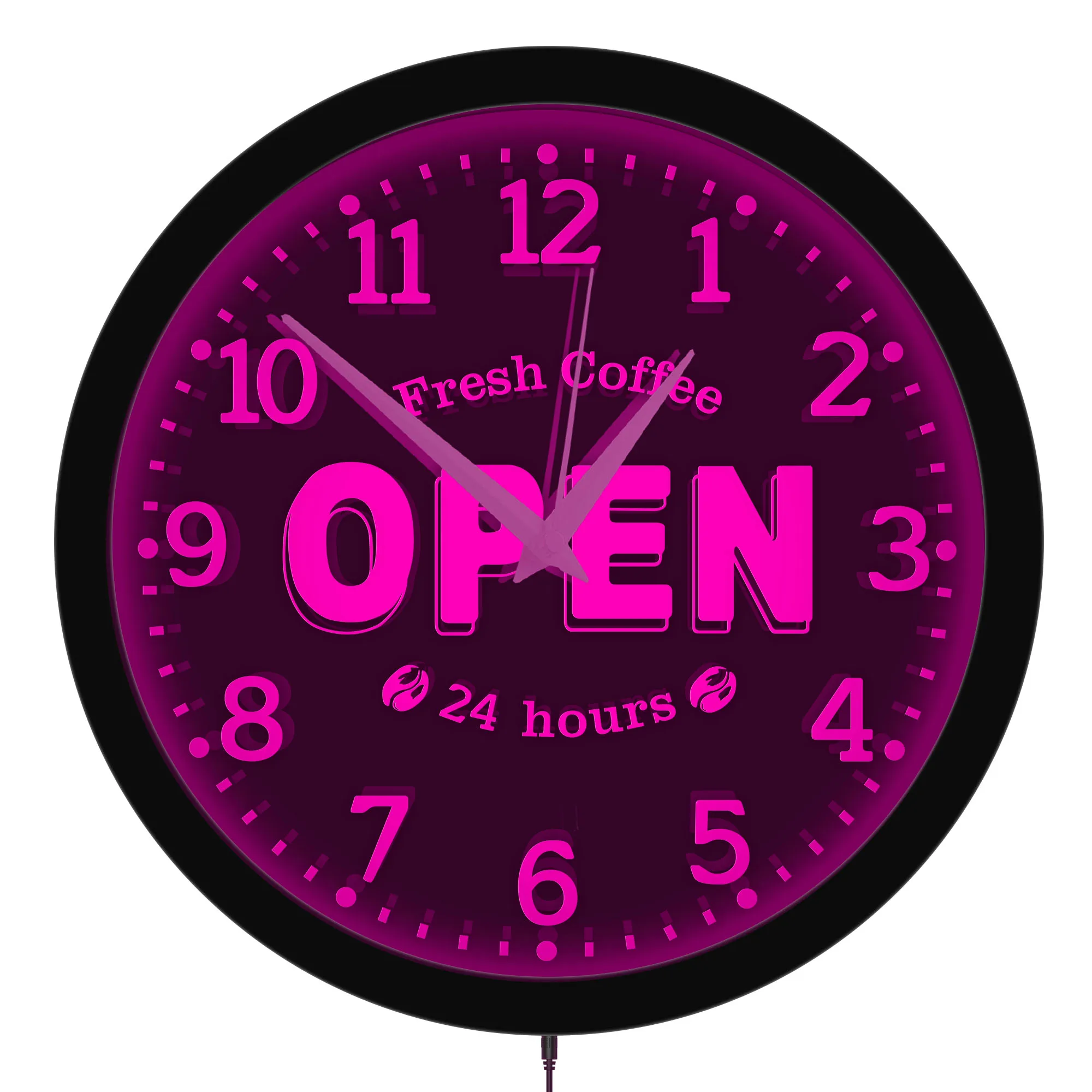 24 Hours Open LED Neon Sign Luminous Light Up Wall Clock for For Cafe Business Coffee Shop Bistro Metal Frame Backlit Wall Clock