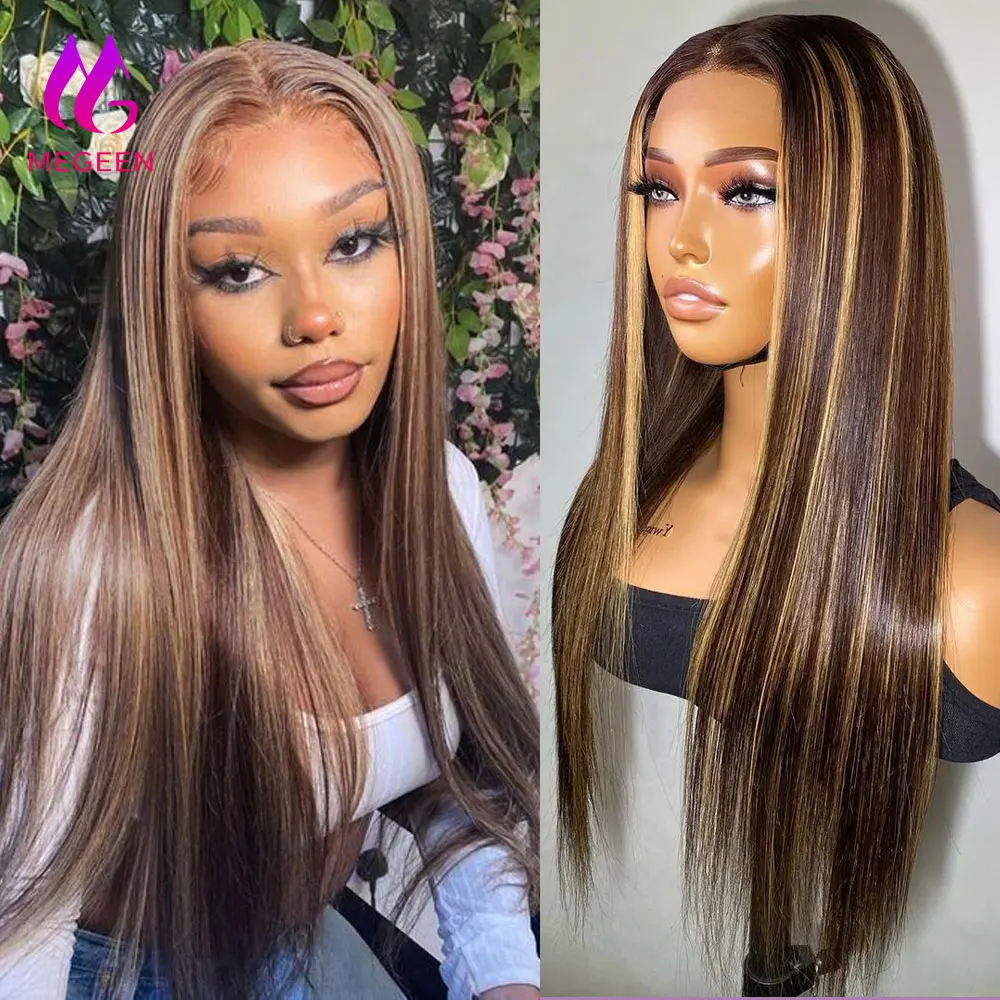 

Megeen 13X4 прозрачный кружевной передний al парик хайлайтер P4/27 человеческие волосы медовый светлый прямой кружевной передний парик цветные Омбре парики Remy