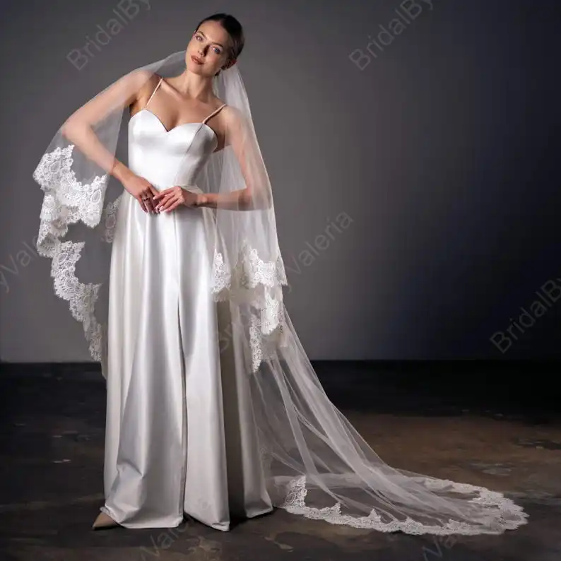 

Wedding Accessories Blusher Cathedral Lace Wedding Veil Long Ivory Bridal Veil 2 Tier Fingertip Veil Custom Length