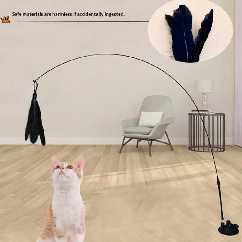 Cat Feather Wand Suction Cup Toy Interactive Kitten Play Stick with Bell Replacement Feathers for Table Window Glass