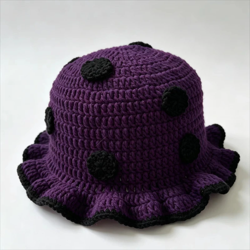 Handmade Colorful Mushroom Bucket Hat Women Winter Custom Crochet Ruffled Brim Knitted Beanie Men Cottagecore Kawaii Gothic Cap