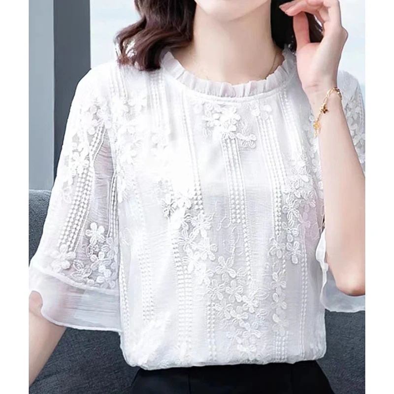 Elegant Fashion Solid Hollow Out Lace Floral Chiffon Shirt Summer New 2022 O-Neck Half Flare Sleeve Loose Blouse Female Clothing