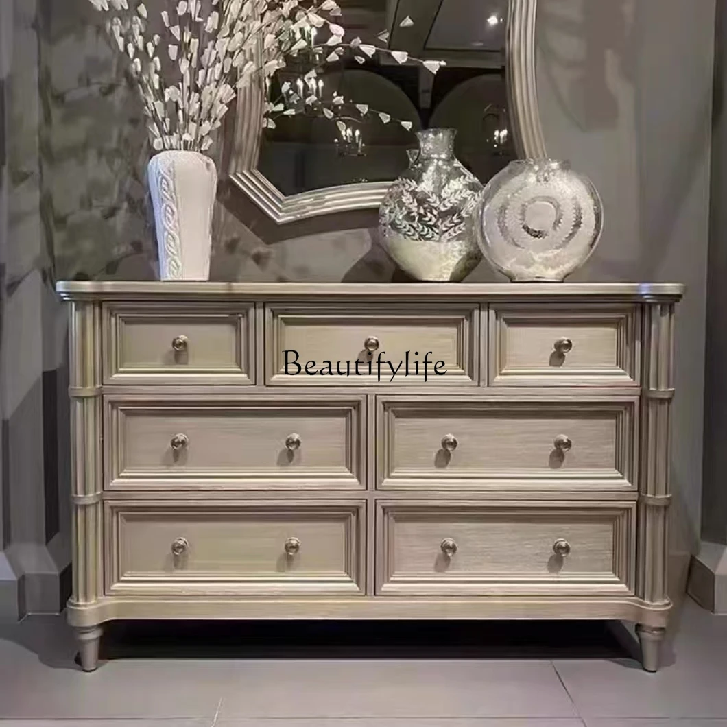 

French medieval solid wood six-chest cabinet ash wood bedroom American living room retro storage bedside cabinet entrance