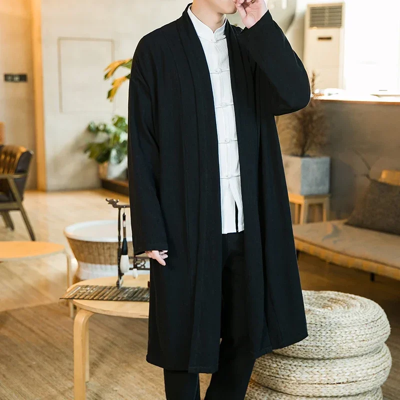 Chinese Style Men\'s Robe Cloak Loose Linen Cardigan Jacket Fashion Streetwear Solid Color Casual Loose Mid-length Trench Coat