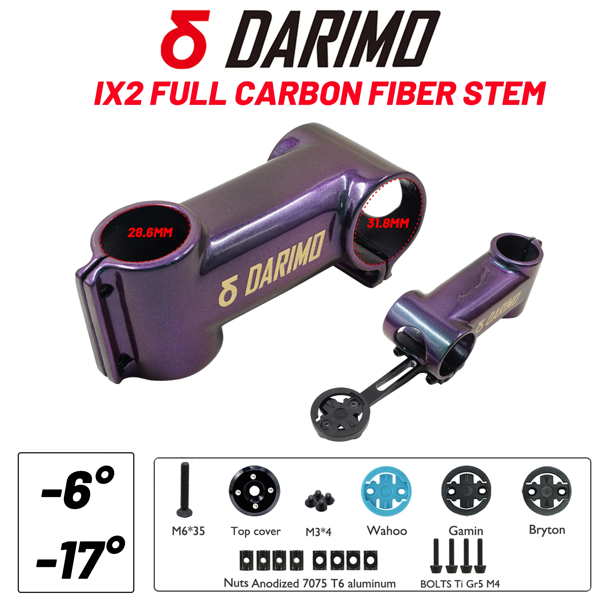 

DARIMO IX2 carbon fiber stem, road/MTB bike stem, gradient color, gloss, 28.6mm, 6°/17°, 60mm-120mm, bicycle accessories