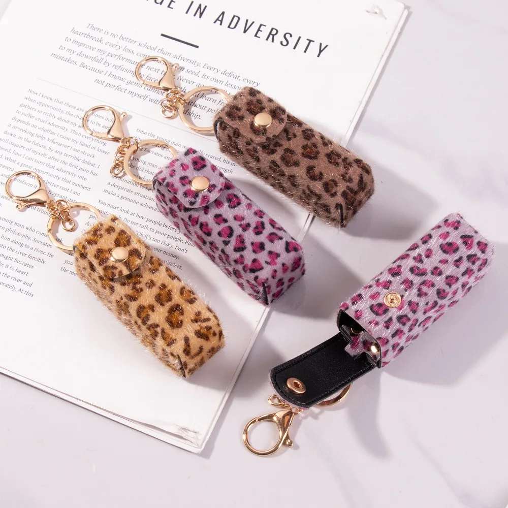 1pc Leopard Plush Lipstick Bag Mini Portable Lip Gloss Protector Women Keychain Pendant Storage Pouch