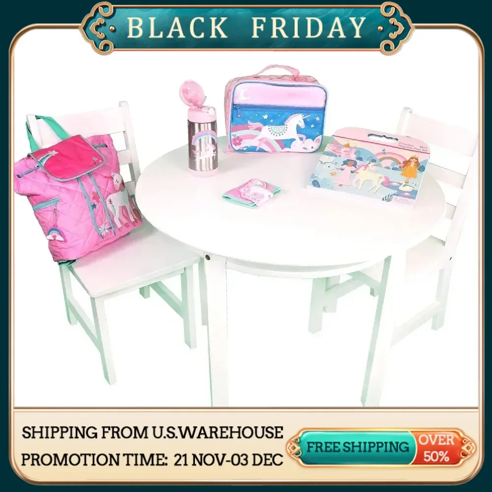 Children's White Round Table with Shelf and Two Chairs, Unicorn Backpack, Lunch Box, Thermos, Magnetic Toy, and Wallet