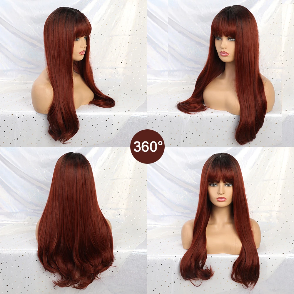 LOUIS FERR Long Wavy Synthetic Wigs Ombre Black Wine Red Wigs with Bangs for Black Women African American Heat Resistant Hair