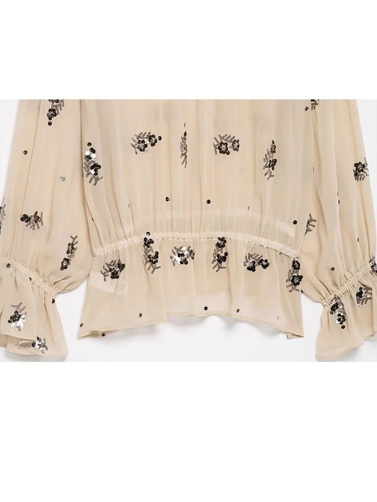 

HH Women's Fashion Versatile Stand Collar Sequined Translucent Shirt Female Simple High Street Casual Pullover Long-Sleeved Top