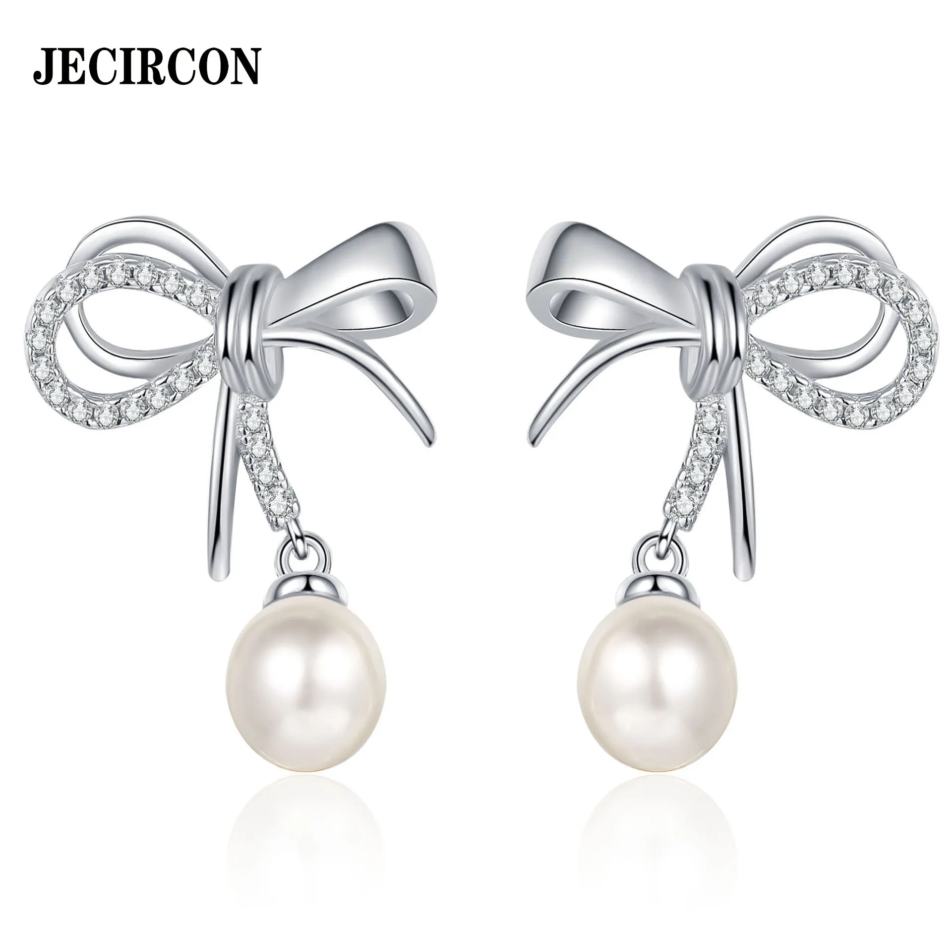 

JECIRCON S925 Sterling Silver Moissanite Stud Earrings for Women Sweet and Cute Bow Pearl Ear Pendants Versatile High-end Design