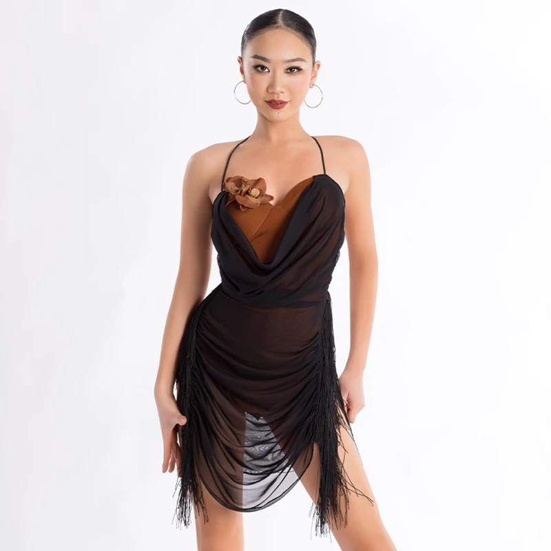 

Платье для латинских танцев 2025 года для женщин, платье на бретельках с кисточками для взрослых, самба, румба, женские костюмы для латинских танцев XH1806