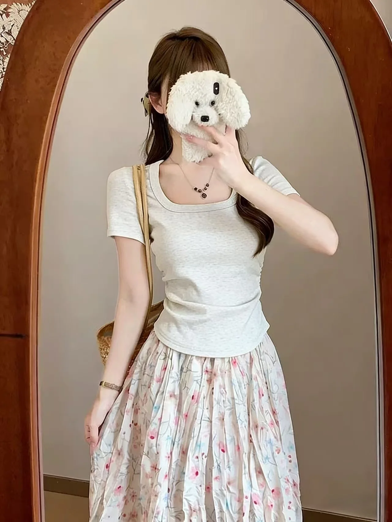 Slim Fit Short Sleeve T-Shirt Women's Summer New Style Big Size Fat MM Waist Cinched Spicy Shoulder Level Top Korean Style Co...
