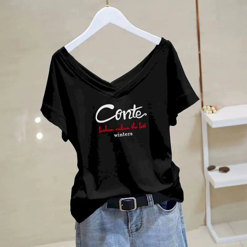 100% Cotton T-shirts Women Fashion V-neck Letter Printed T Shirt Casual Loose Short Sleeve Tops Summer Trend Thin Tshirt Y2k Top