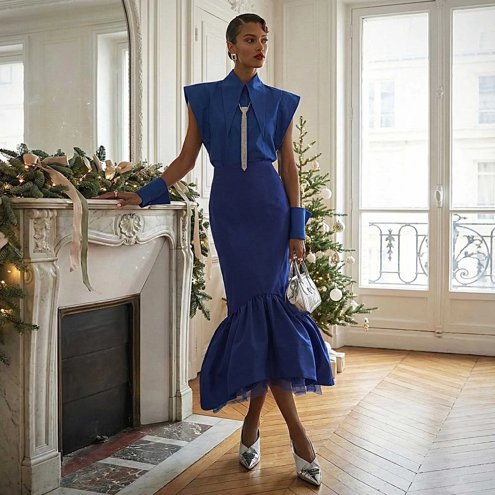 ชุดสูทผู้หญิงสีน้ำเงินรอยัลสุดหรู ชุดเดรส 2 ชิ้น เสื้อและกระโปรง ชุดราตรีสำหรับสุภาพสตรี ชุดออกงานพรอมปี 2026 ชุดเดรสงานเลี้ยงสั่งตัดได้