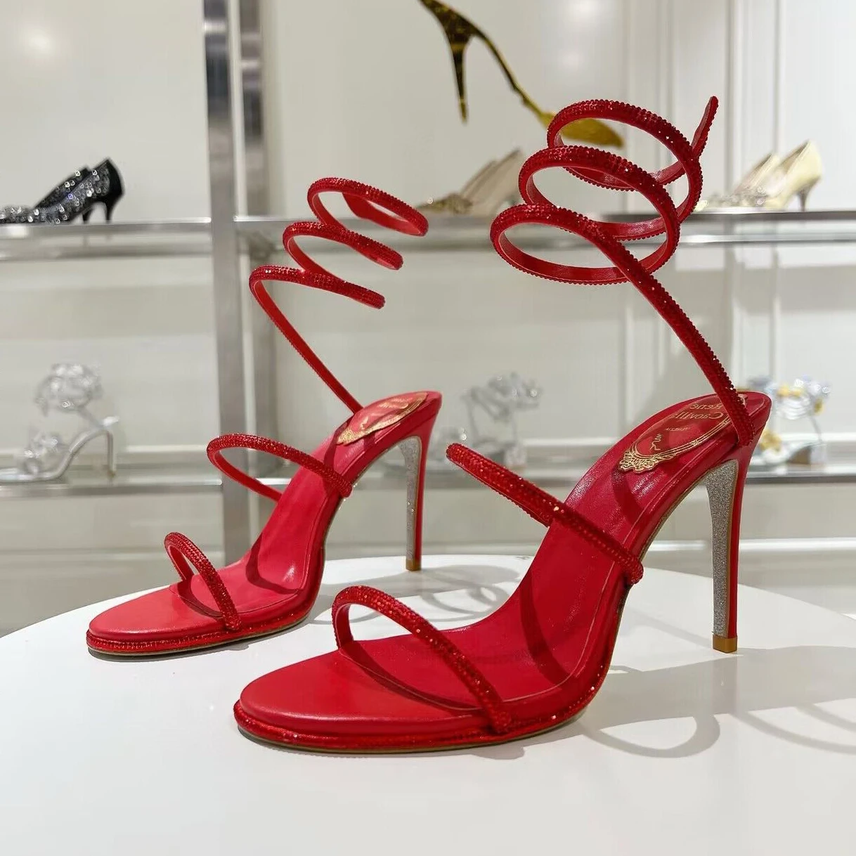 Thin High Heels Gladiator Sandals Women Shiny Rhinestone Ankle Snake Shaped Winding Party Banquet Shoes Sexy Open Toe Sandalias