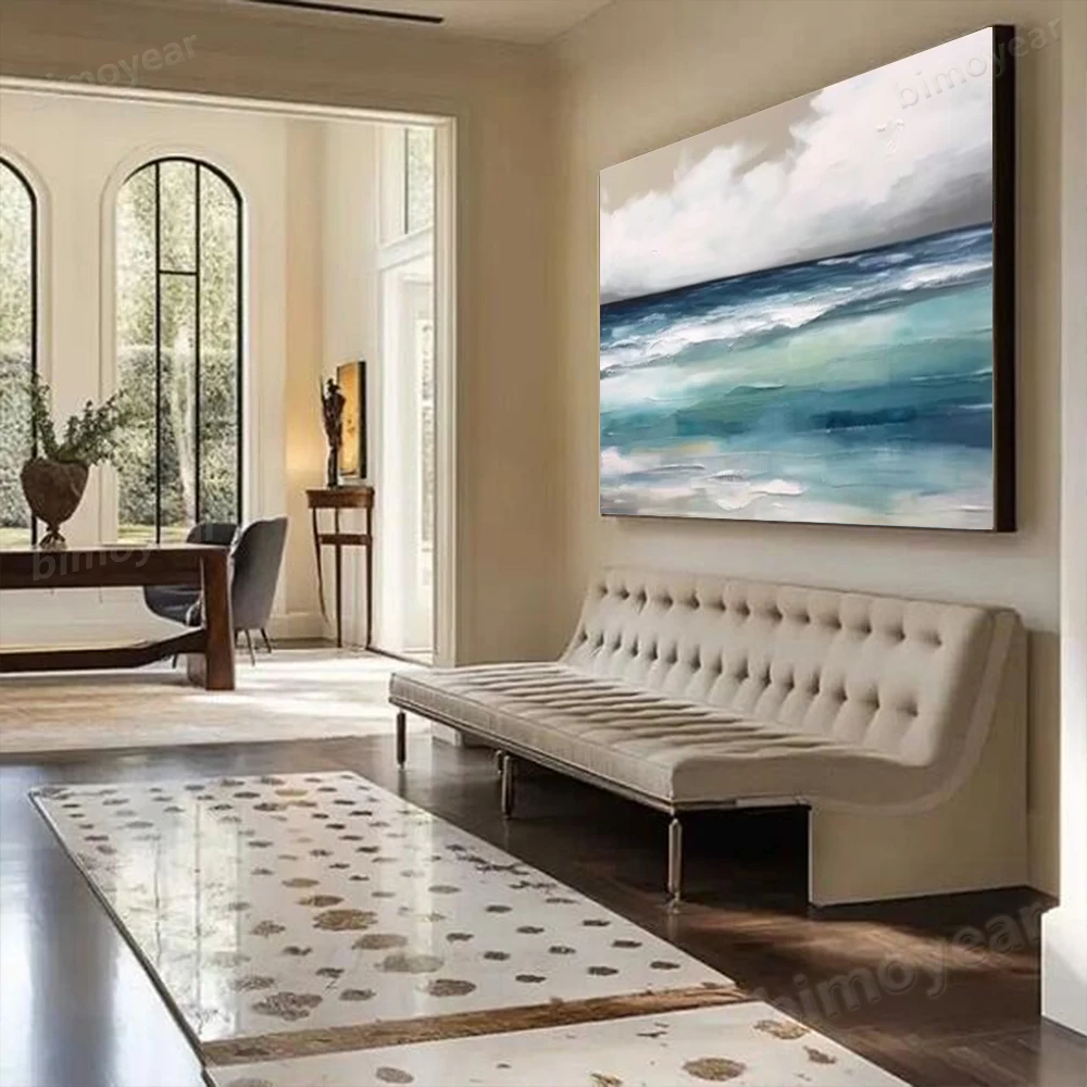 

100% Hand Painted Abstract Oil Painting Blue Sea View Wall Art Picture On Canvas image Mural For Living Room Home Decor Paint