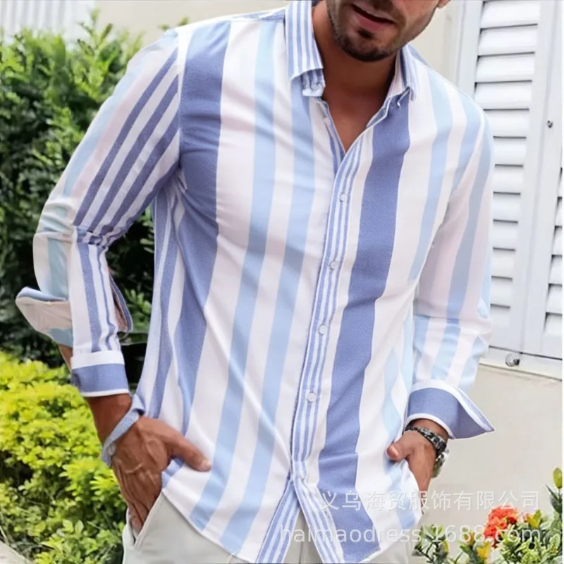

Fashionable Men's Striped Shirt Summer Casual Oxford Loose Long-sleeved Button Cardigan Versatile Top