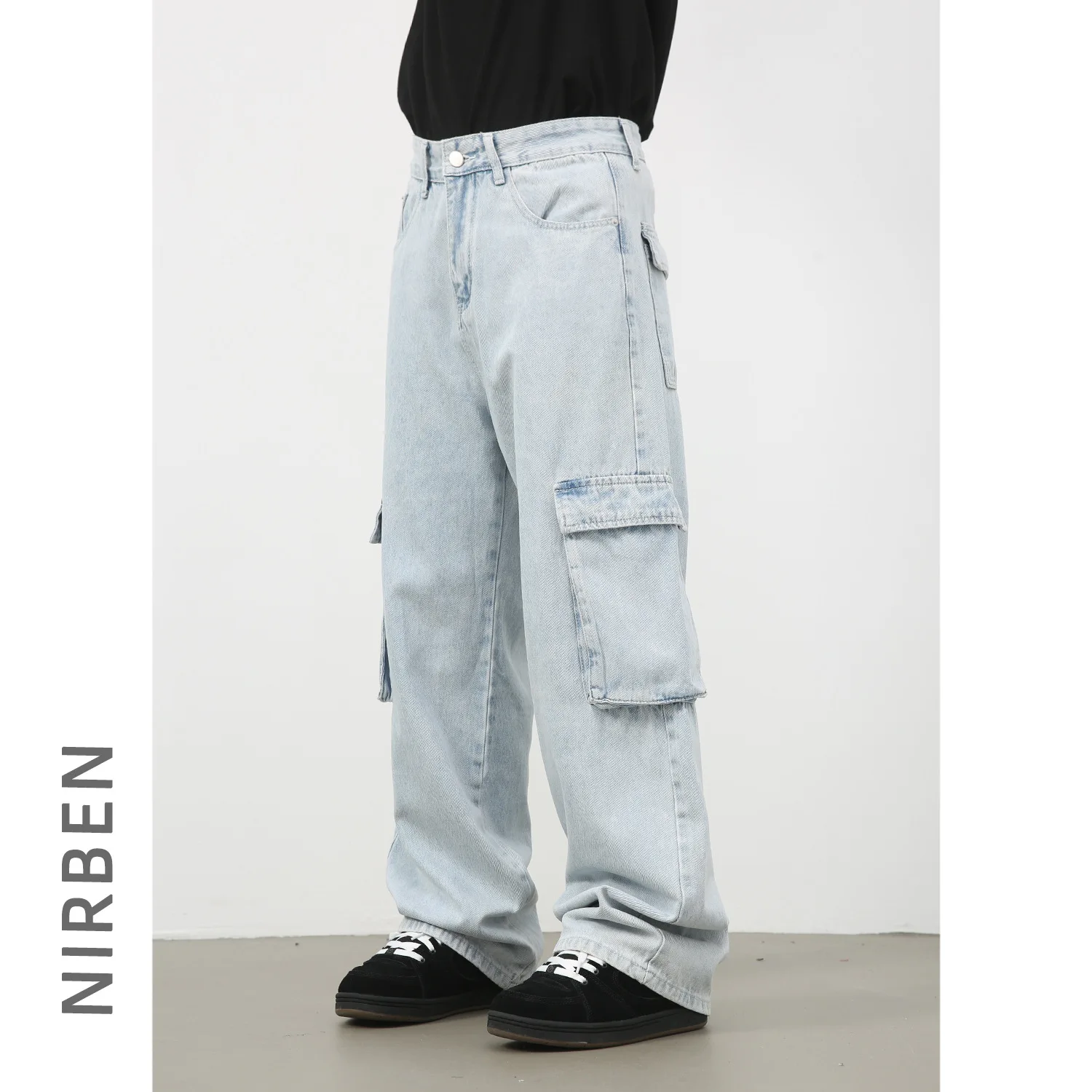 Retro Washed Light Blue Tooling Jeans Men's Trendy Brand Loose Straight Wide-leg Pants Trousers