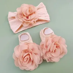 Cute Baby Socks+ Headbands Set Non Slip Cotton Sock Lace Flower Newborn Hair Band Turban Girl Hair Accessories