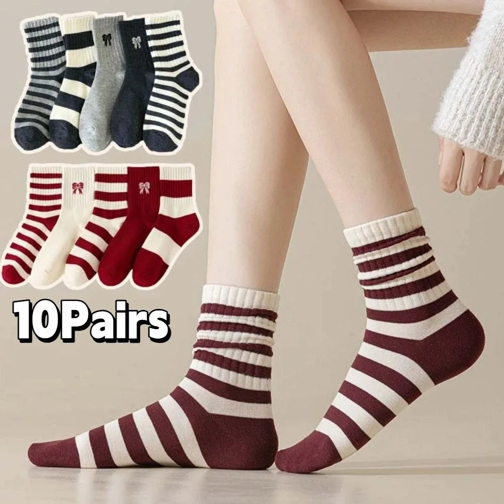 

10Pairs Patchwork Embroidery Bow Socks Non-slip Sweet Preppy Style Socks Breathable Cotton New Year Christmas Socks Streetwear