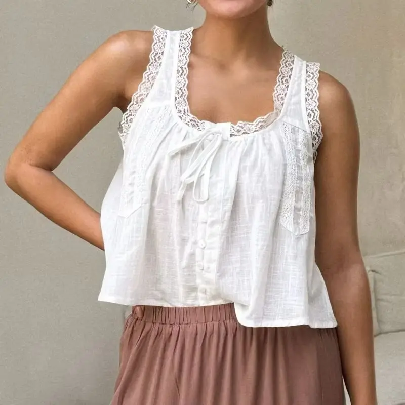 

Женская летняя кружевная майка в стиле бохо, жилет с завязками спереди, пляжные топы на бретельках для отпуска, кардиган на пуговицах без рукавов, укороченный топ