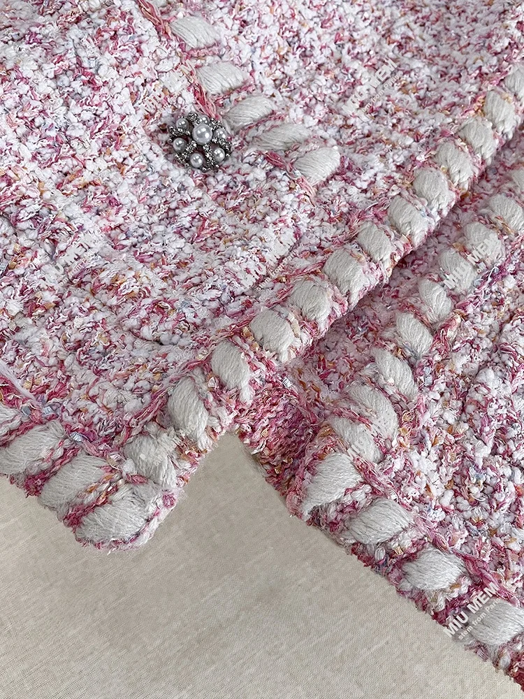 High-End Ort Bloemen Pailletten Roze Tweed Open Vest Dames Herfst Faion Bovenkleding Loose Fit Diamond Embellied Button-Up