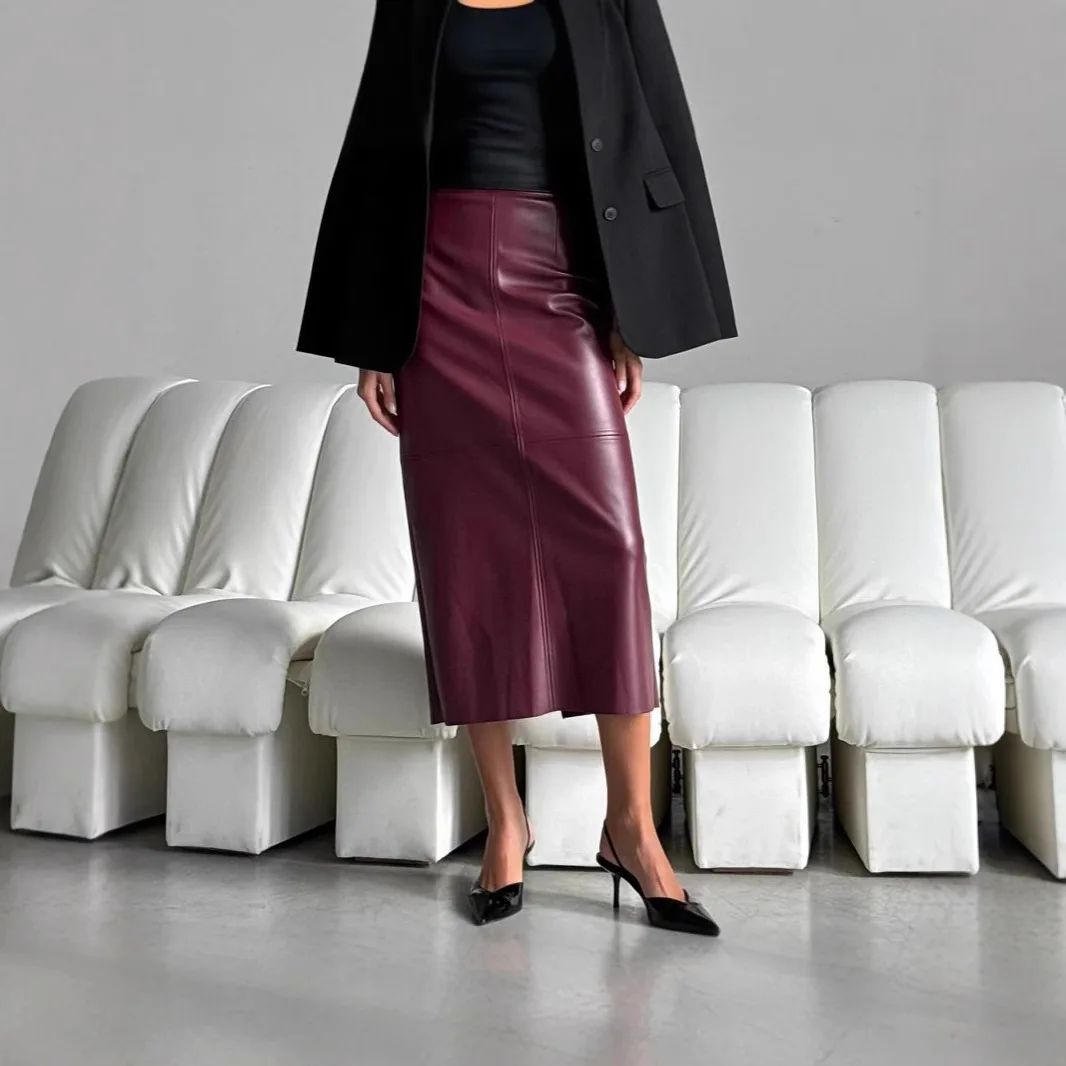 

Temperament Fashionable PU Leather Splicing High Waist and Thin Split Skirt PU Leather Medium and Long Hip Skirt