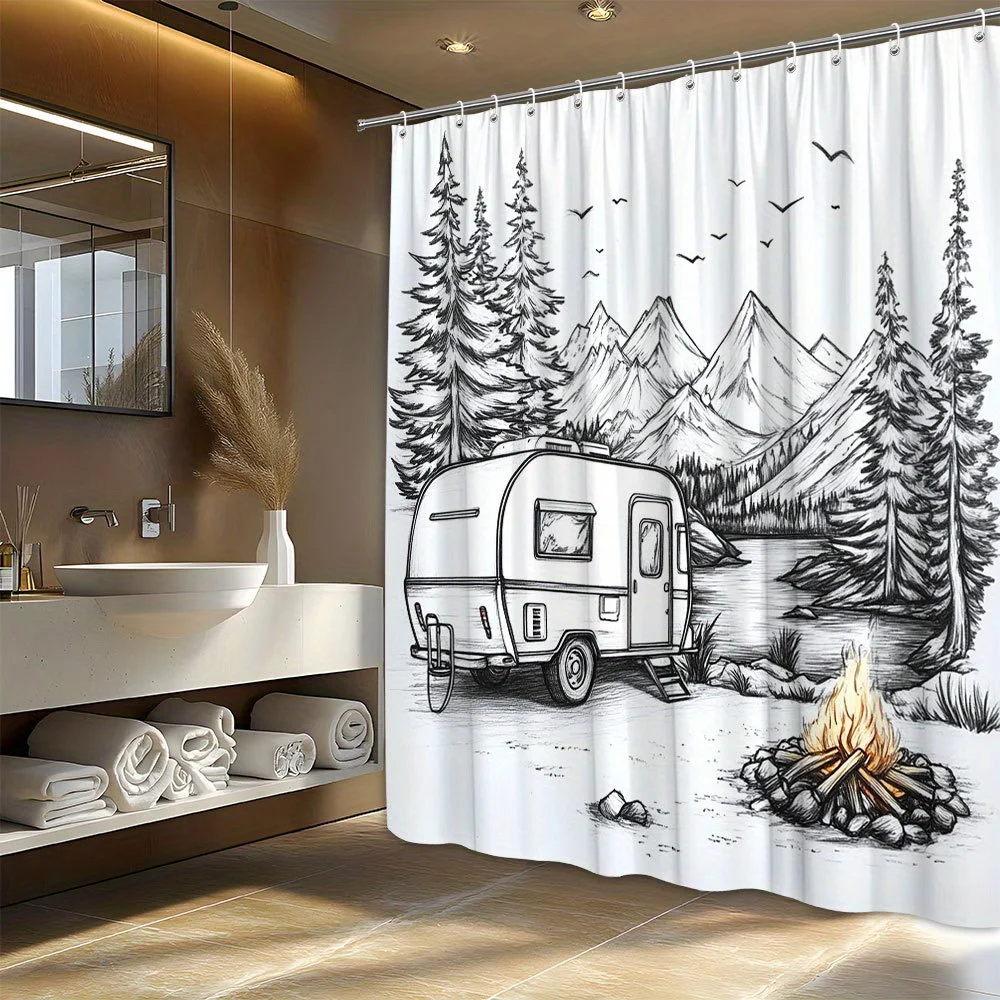 

1 шт. современная занавеска для душа для кемпинга на колесах — уютное костра, Majestic Mountains & Dense Forest Design, черно-белое цифровое искусство