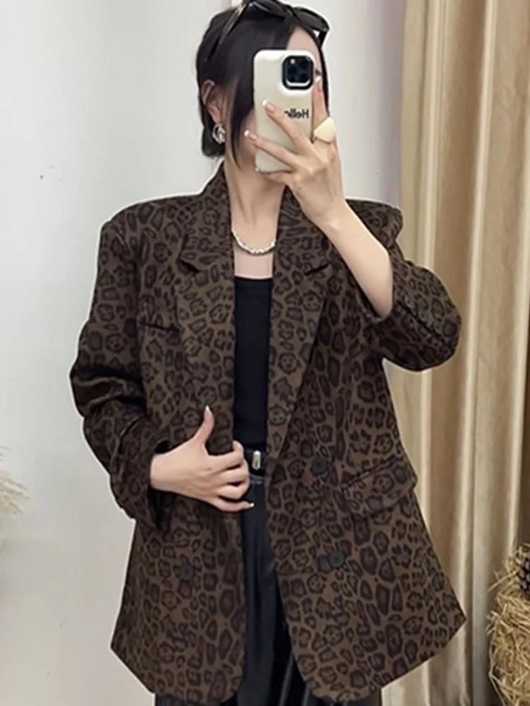 Jmprs Streetwear Vrouwen Luipaard Blazer Vintage Lange Mouw Slanke Y2K Pak Jas Amerikaanse Harajuku Casual Herfst Winter Retro Tops Nieuw
