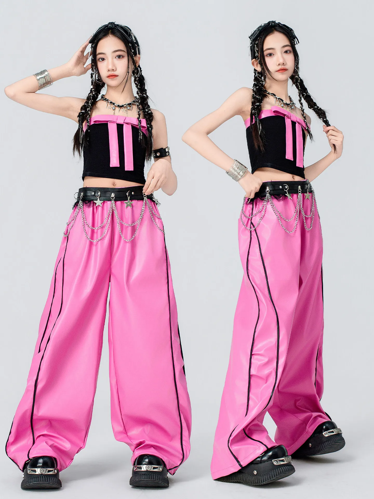 

2026 Girls Jazz Dance Costumes Kids Hip Hop Dance Crop Vest Pink Pants Performance Children Kpop Outfit Street Clothes DW11554