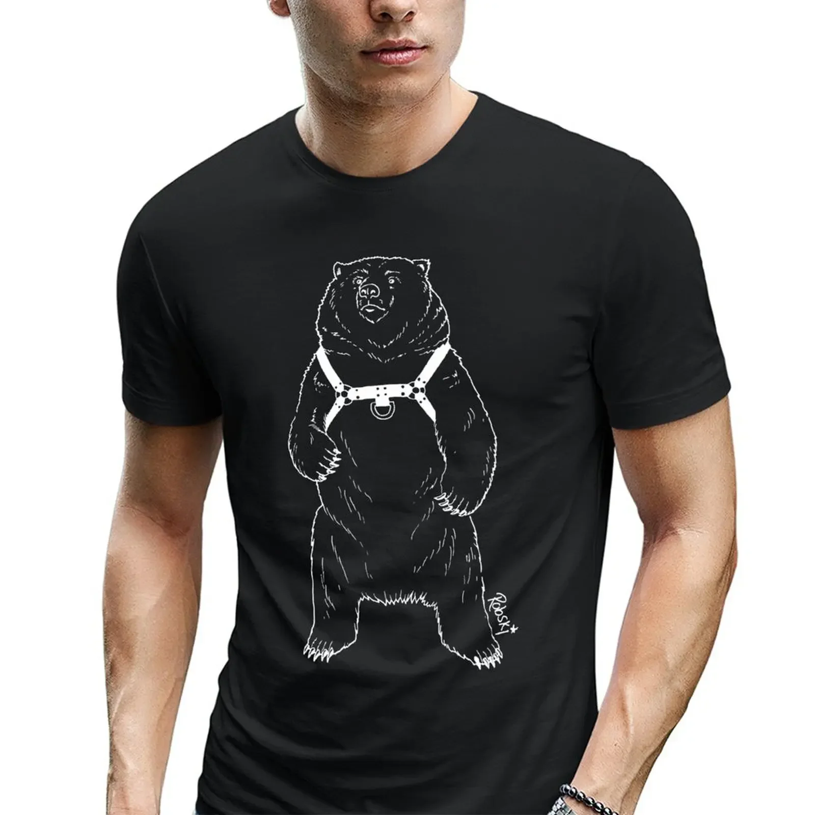 Fresh Leather Bear-White Lines T Shirt 6xl Cotton Cool Tee Bear Leather Harness  Bear Fur Robski Robskiart Daddy Grizzly Eur