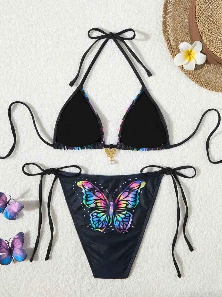 Bikini Women Swimsuit 2025 New Black Butterfly Halter Bikinis Set Sexy Swimwear Summer Lace Up 2 Piece Beach Bathing Suit Female