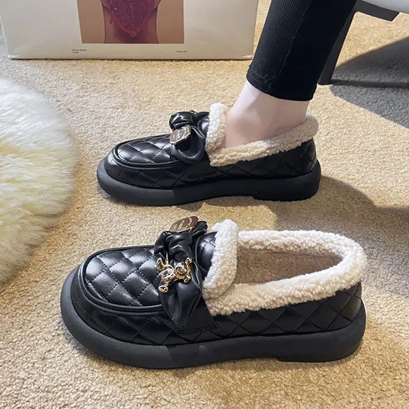 Feerldi مقاوم للماء الفراء الأخفاف امرأة شتاء دافئ أفخم الشقق السيدات البيج الأسود أحذية الباليه مقاومة البرد أفخم المتسكعون #6