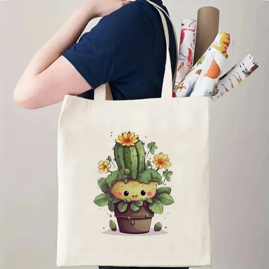 لطيف الكرتون الصبار طباعة قماش حمل حقيبة للنساء حقيبة تسوق قابلة لإعادة الاستخدام حقيبة يد عادية عشاق النباتات