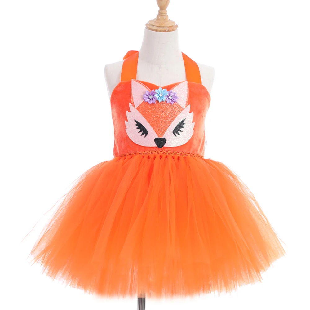 Kids Children Fox Dress Up Tutu Dress Costume Mask Stage Performance Headwear Tail Girls Clothes Halloween Carnival Party Suit