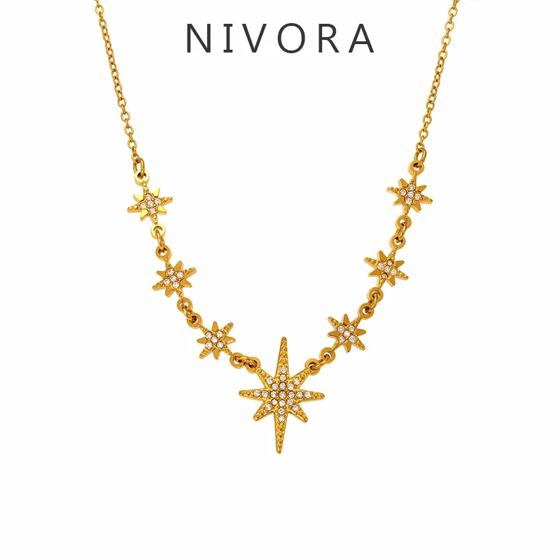 

Nivora Exquisite Star Moon Drop Pendant Stainless Steel Necklace For Women Gold Plated Collarbone Choker Wedding Sweater Jewelry