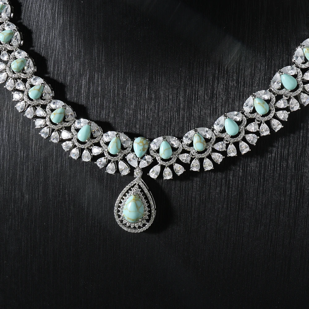 

IN JEWELIFE Bridal Necklace Set for Women Turquoise Cubic Zirconia Jewelry Engagement Party Wedding Expensive Jewelry Set Handwo