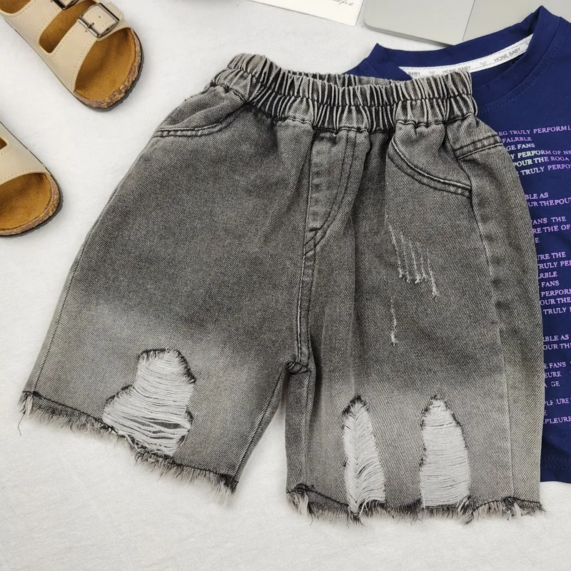 2026 Kids Boys Ripped Denim Shorts 2-10Years Casual Summer Jeans Bottoms Waist Elastic Children Clothes Outerdoor Boys Shorts