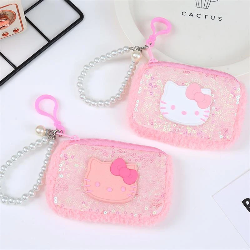 

Cute Hello Kitty Sequin Coin Purse KT Cat Portable Lipstick Earphone Storage Bag Pearl Chain Keychain Pendant Girly Gifts