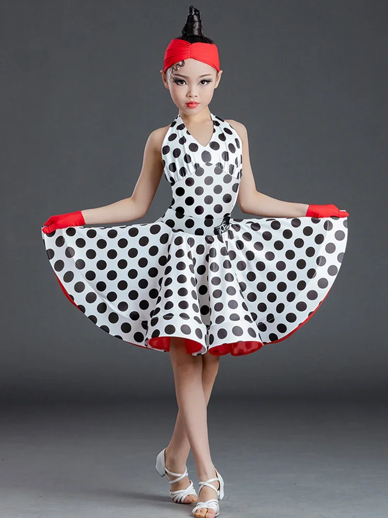 เด็กผู้หญิงแขนกุด Halter Backless Polka Dots บอดี้สูทและ Fishbone Swing กระโปรง Dancewear เด็กเครื่องแต่งกาย