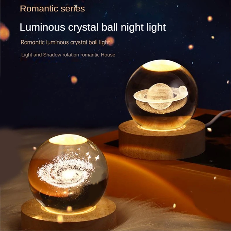 Crystal Ball Night Light With Base LED Table Lamp Lighted Stars Galaxy USB Power Warm Night Light For Kid