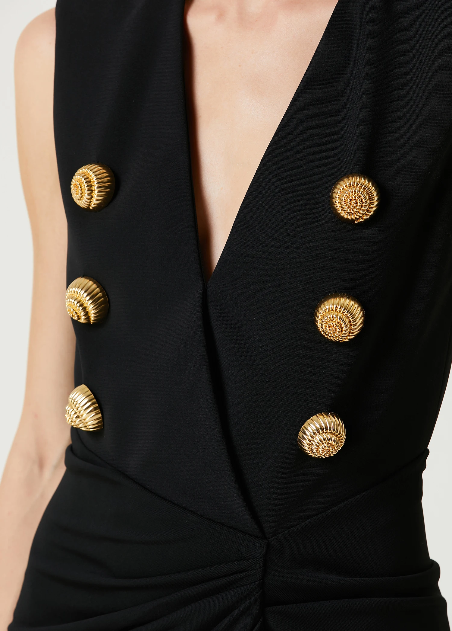 PB Glamorous Black Sleeveless Maxi Dress with Gold Buttons & Draped Slit Deep V Neck Design Exquisitely Tailored Elegance Gowns