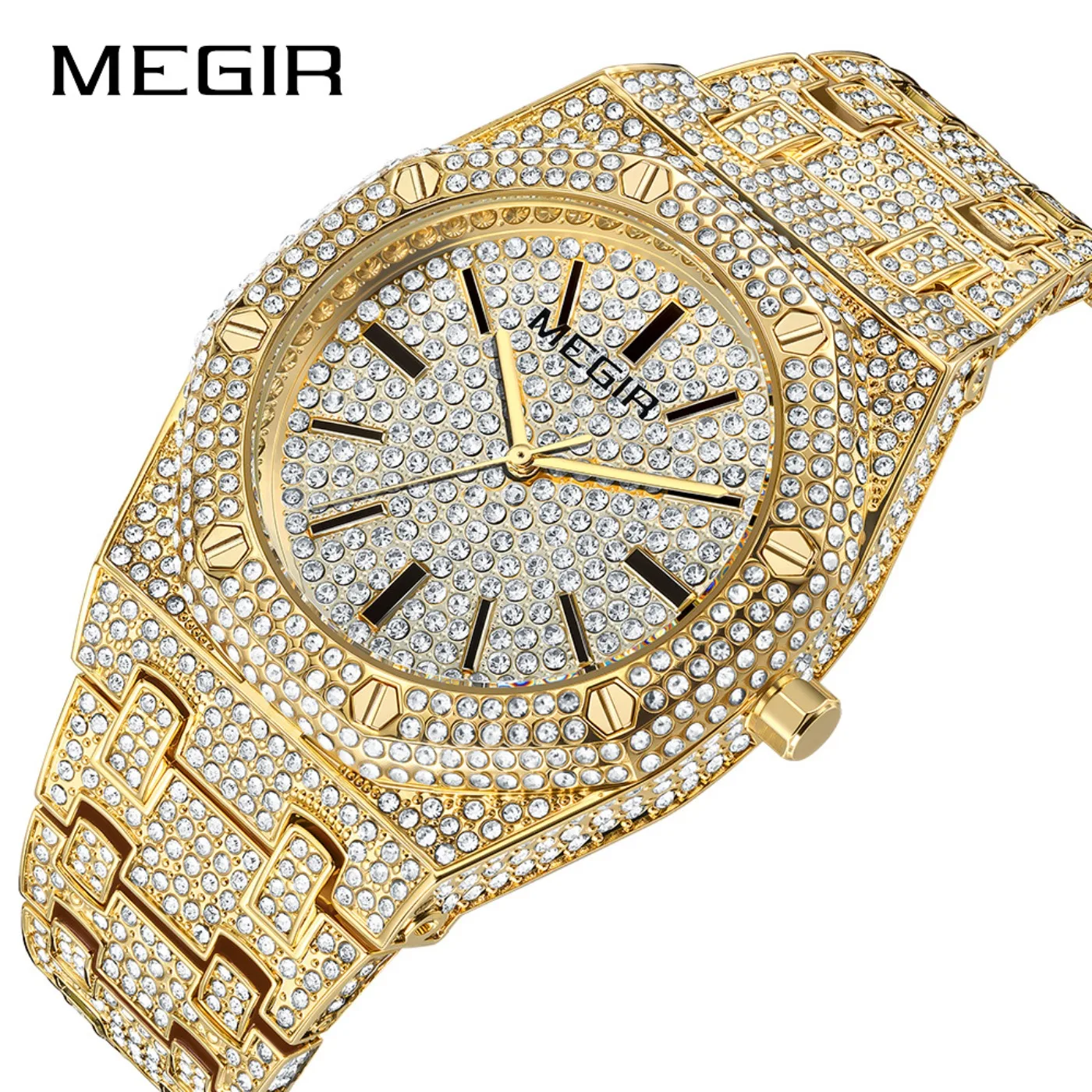 

MEGIR Luxury Quartz Rhinestone Watch for Men Golden Clock Stainless Steel Waterproof Man Wristwatch Top Brand Business Watches