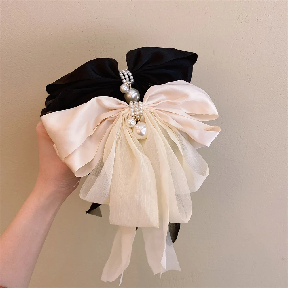 Large Korean Solid Color Satin Organza Fabric Bow Hair Clip for Women Girl New Chiffon Bowknot Ribbon Ponytail Hair Accessories