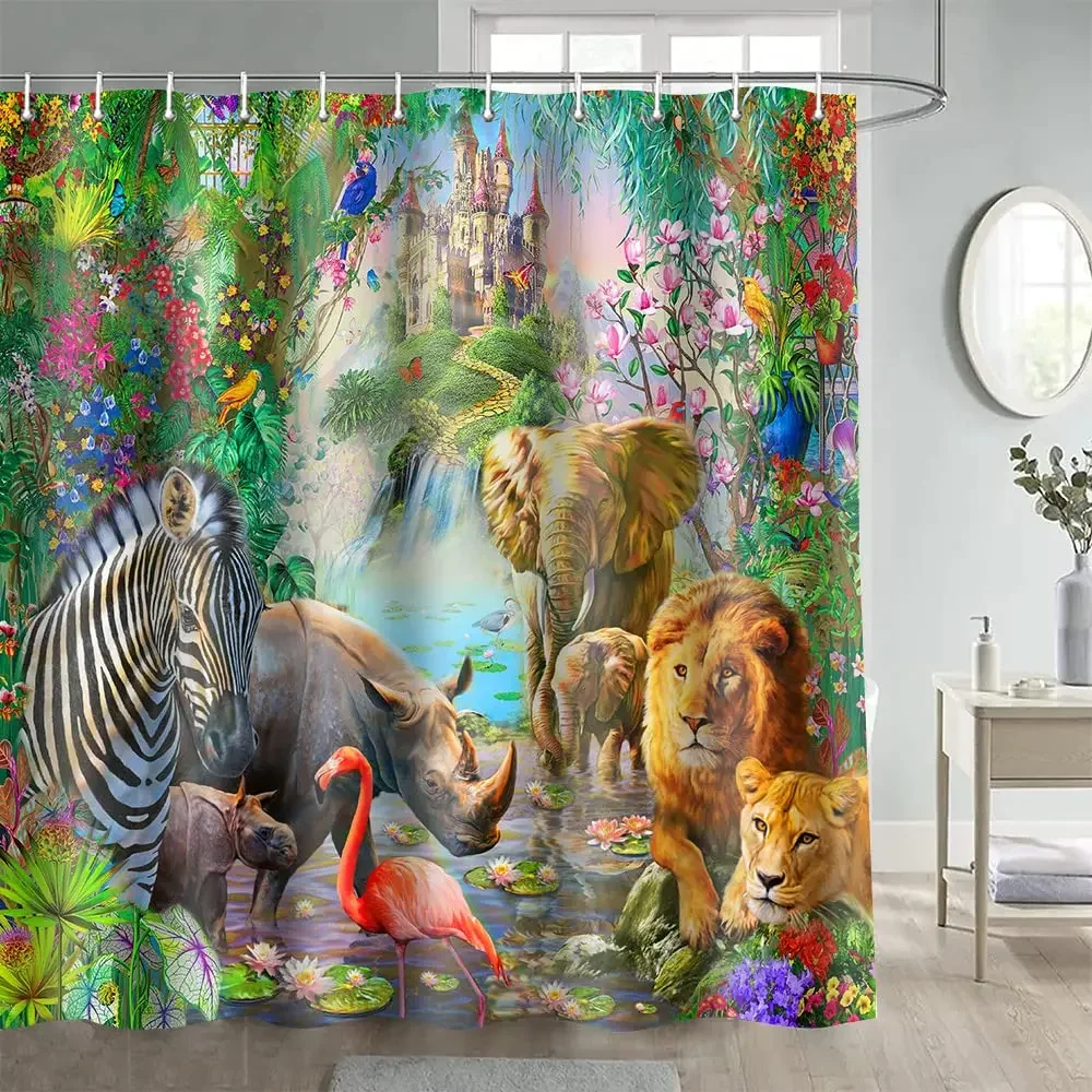 Watercolor Rhinoceros Shower Curtain, Gradient Paintbrush Style Tropical Wild Animal Savannah,Cloth Fabric Bathroom Decor Sets